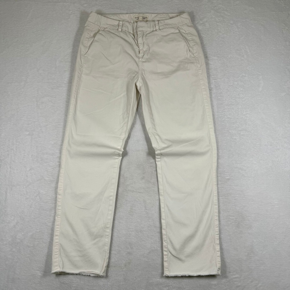 Nili Lotan Shon Pants Off-White Cotton Blend Raw Hem Straight Leg Size 2